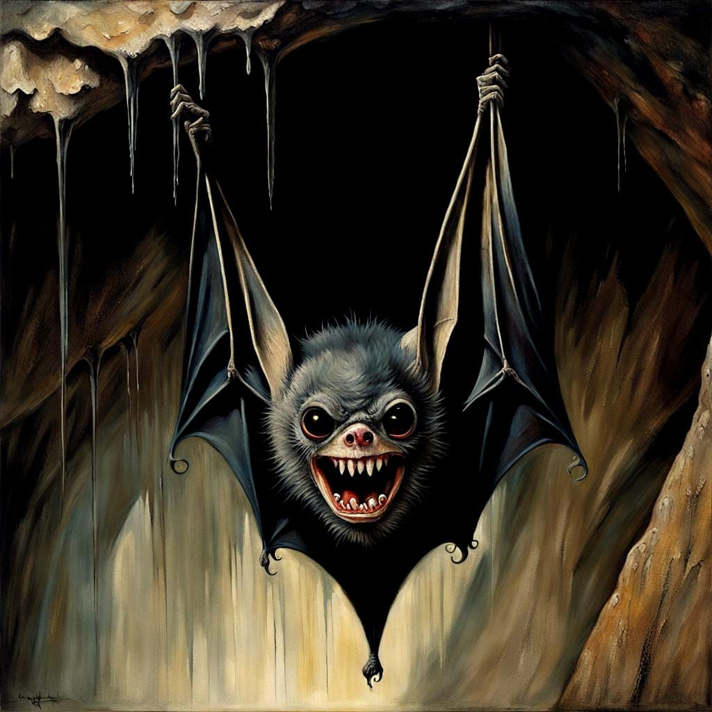Grim Expressionist Bat in Cave: Fantasy Artwork