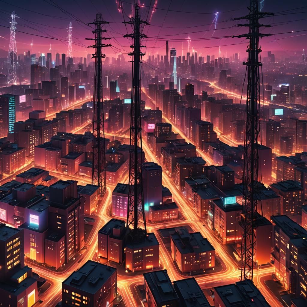 Modern Electrical Grids and Neon Cityscape in Digital Art