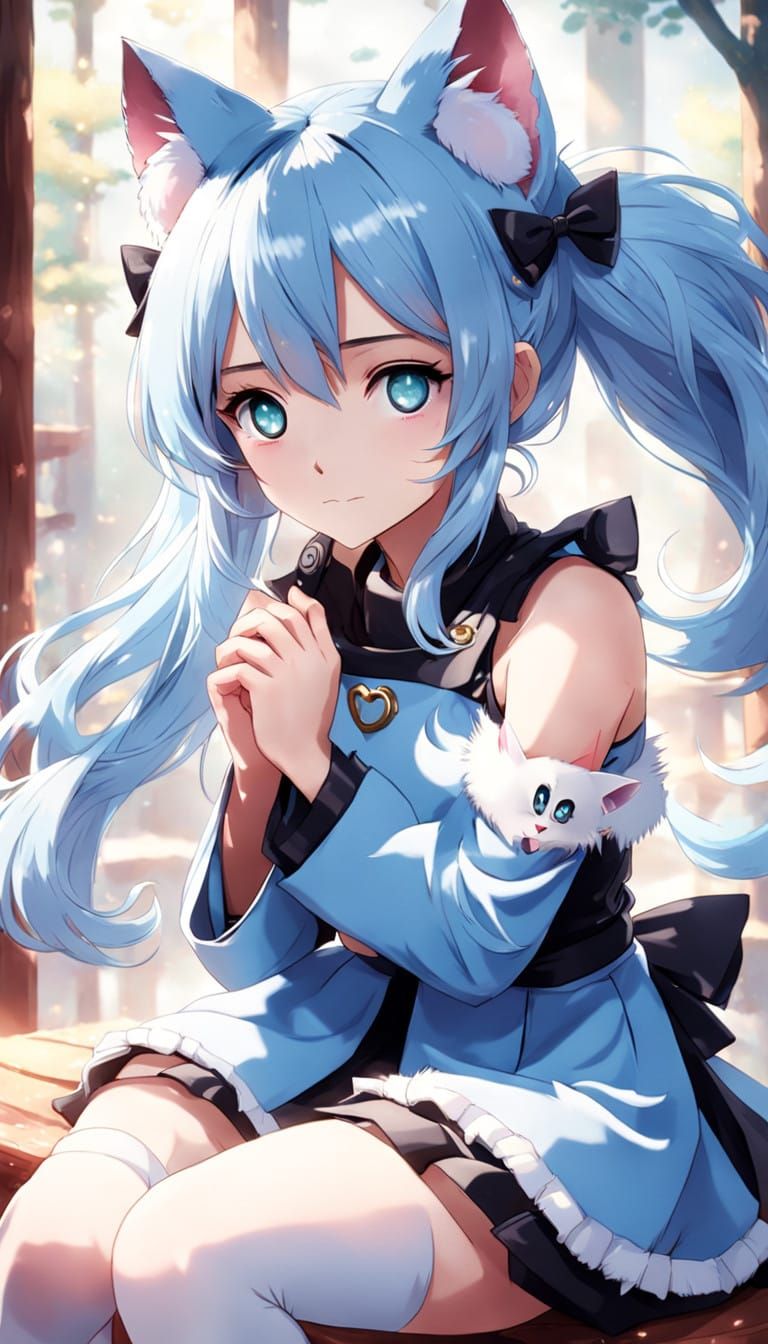 Delicate Anime Goddess with Pastel Blue Hair and Cat Ears