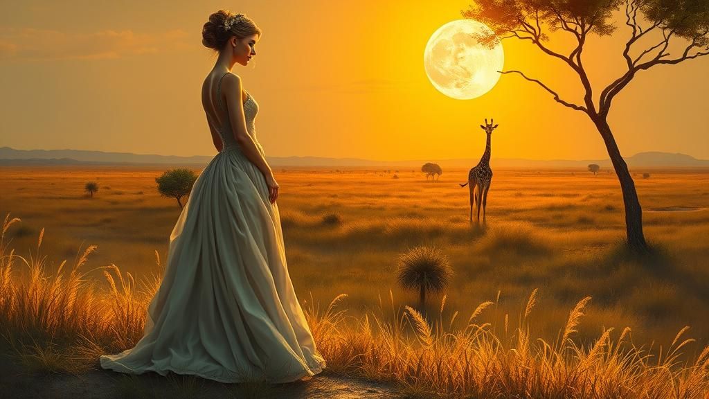 Victorian Woman and Giraffe in Impressionist Style