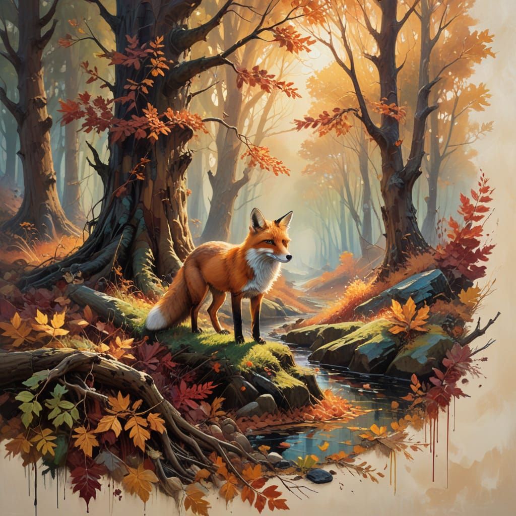 Red Fox in Autumn Woodland as Impasto Painting