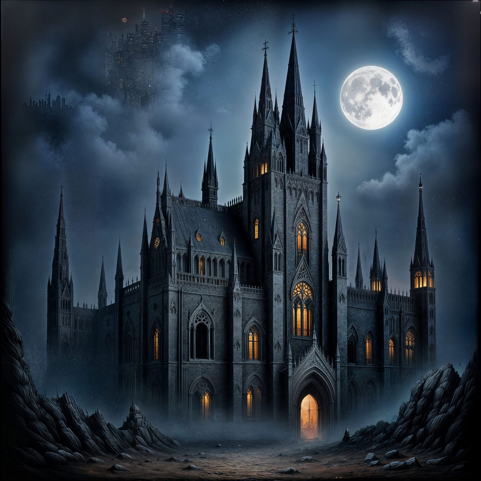 Mysterious Midnight Gothic Cityscape at Night