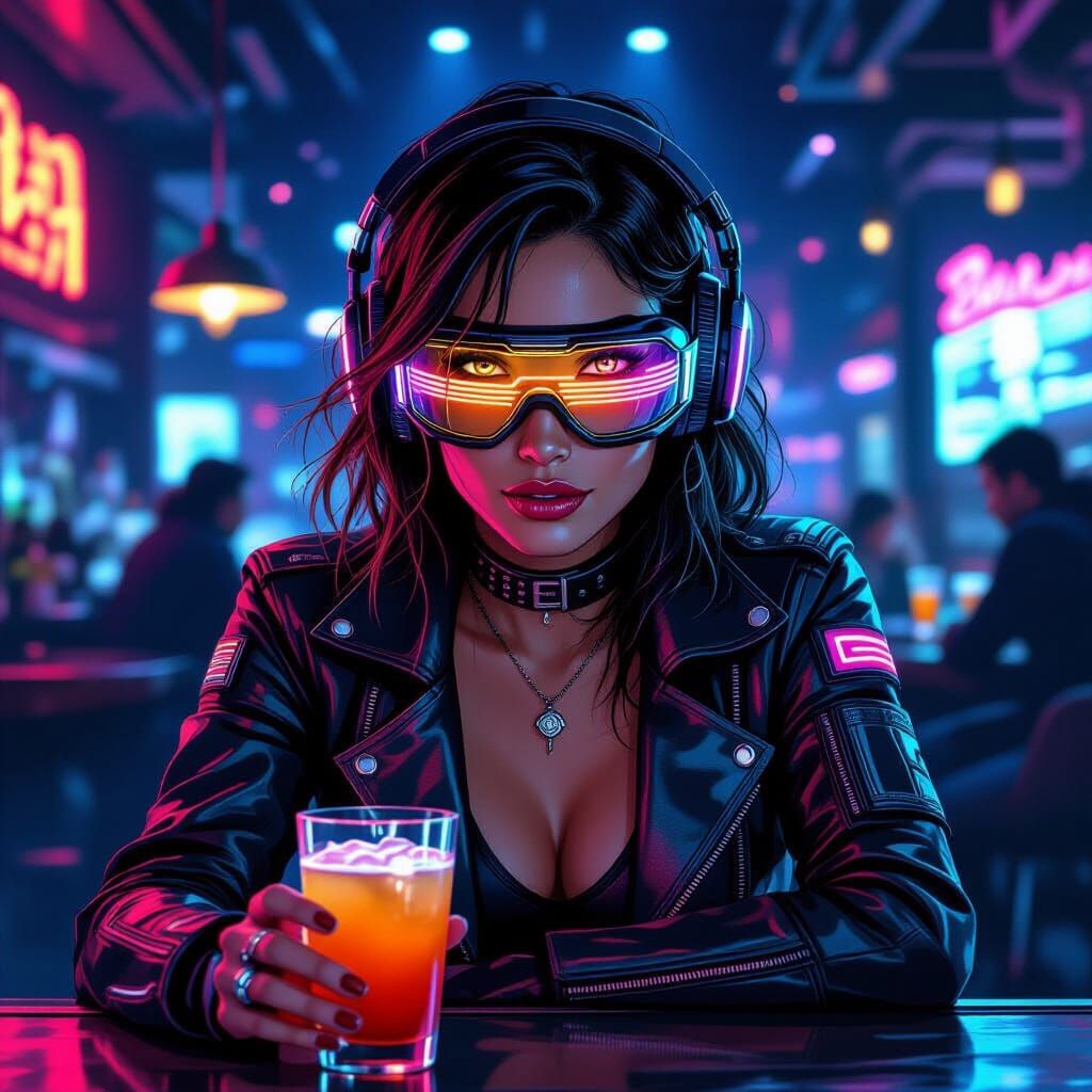 Cyberpunk Bartender with Neon Goggles in Alcohol Ink Style