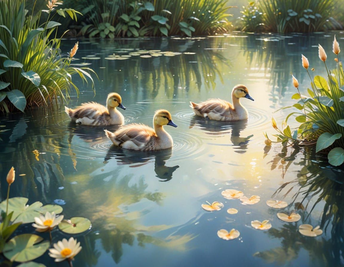 Whimsical Watercolor Goslings in a Serene Pond