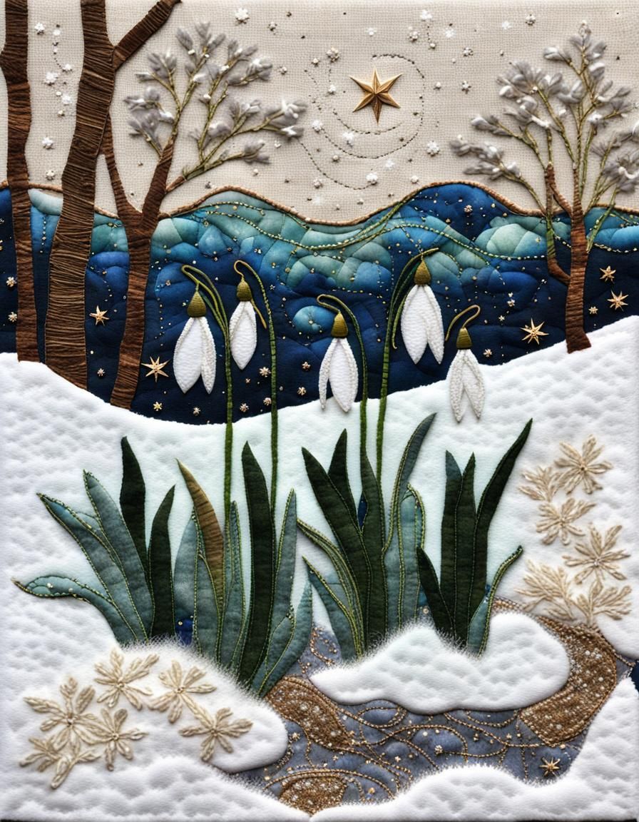 Snowdrops Fabric Collage with Embroidery Texture