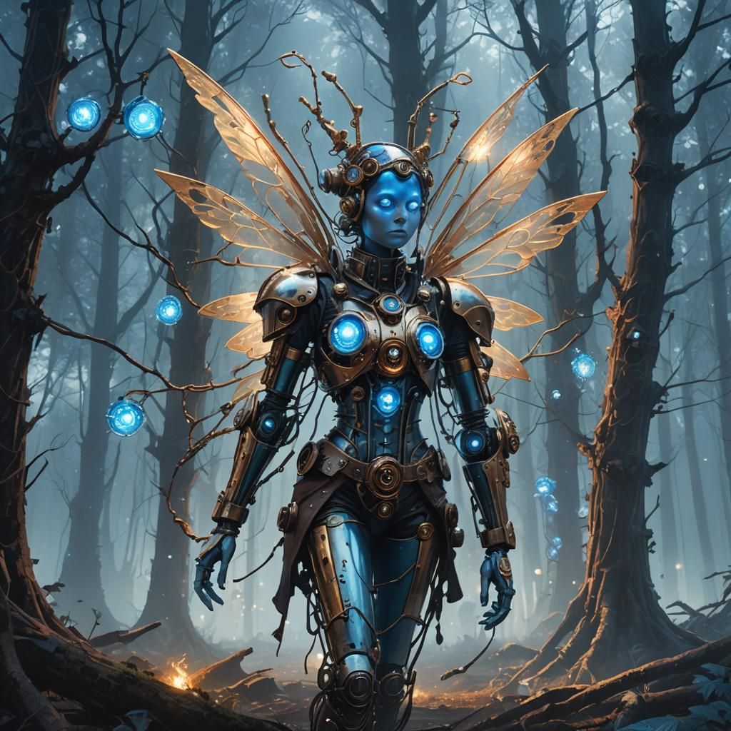 Chrome Fairy in Steampunk Forest Concept Art