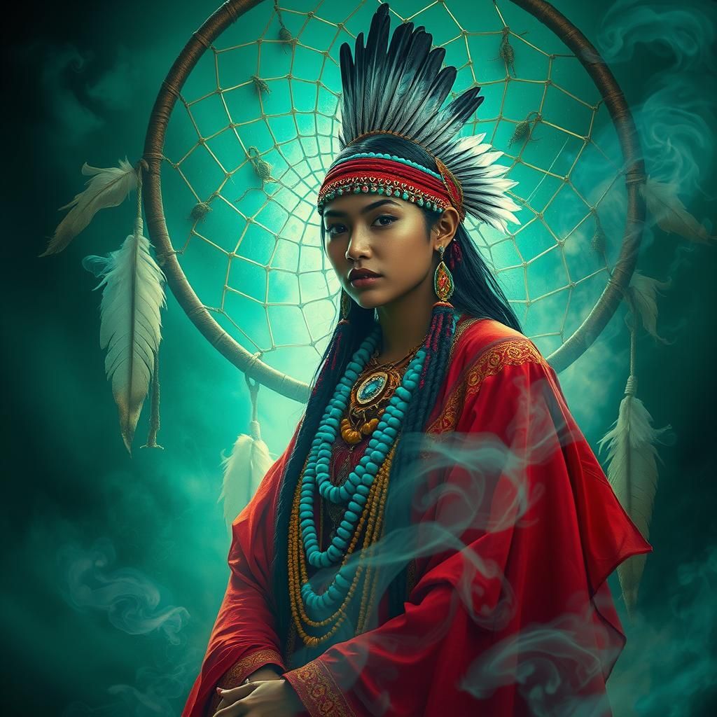 Ethereal Native American Woman in Dream Catcher Scene