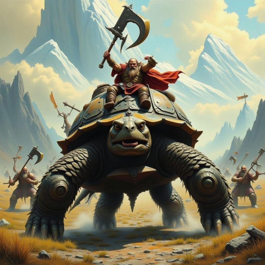 Dwarf Leads Army on Giant Tortoise