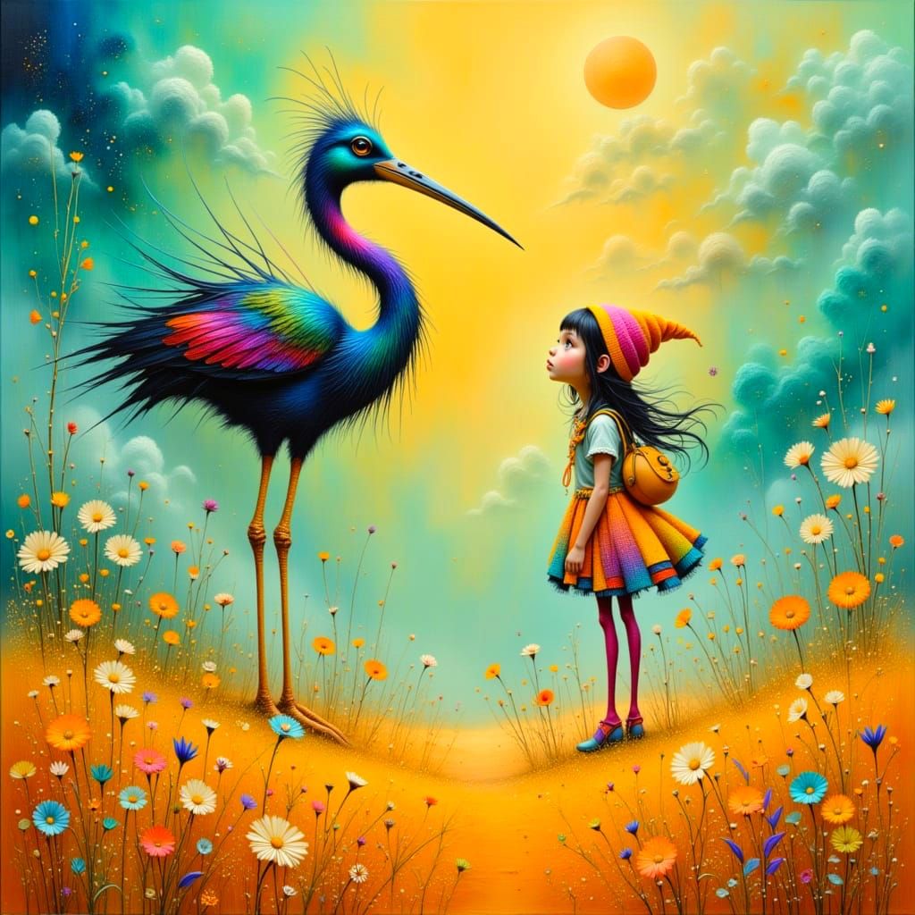 Whimsical Child Encounters Enchanted Bird in Golden Desert