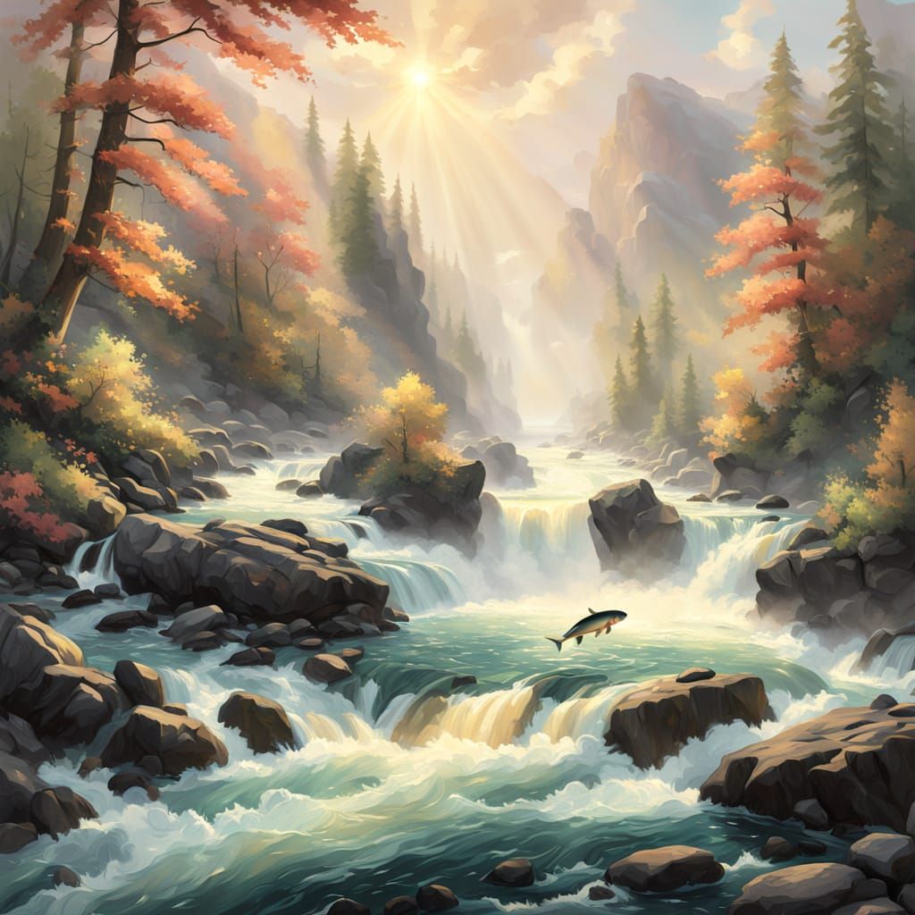 Surreal Salmon Trout Leap in a Dreamy Landscape