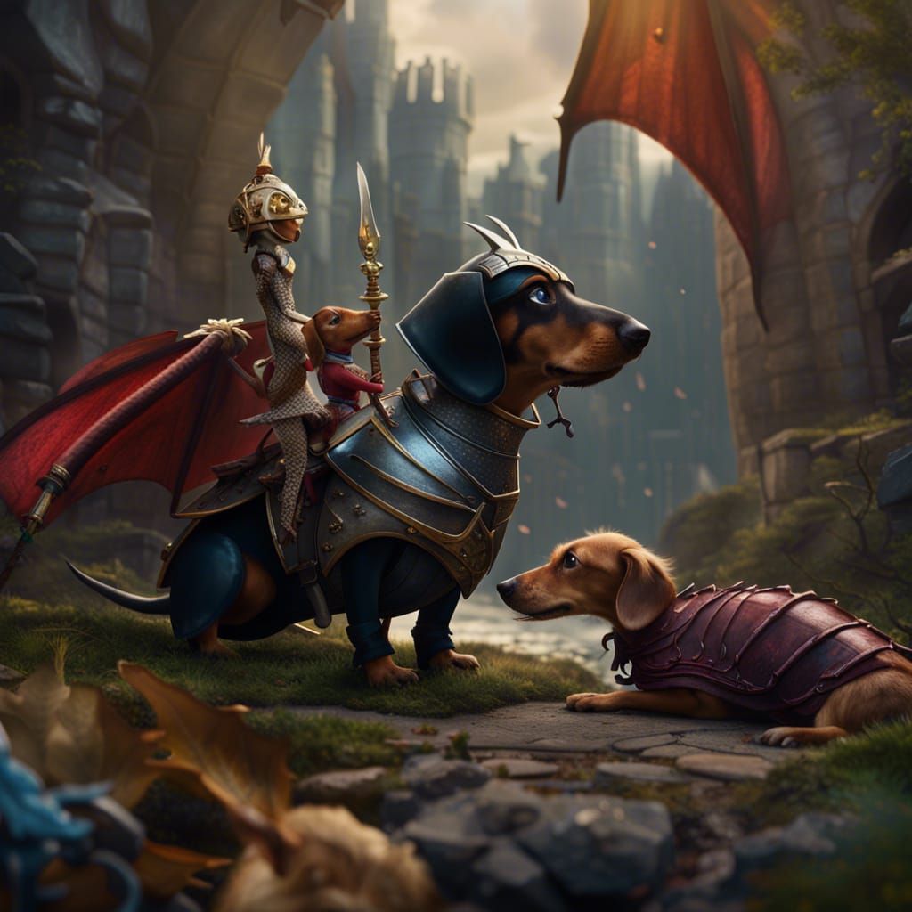 Sausage Dog Knight Rescuing Damsel: Fantasy Art