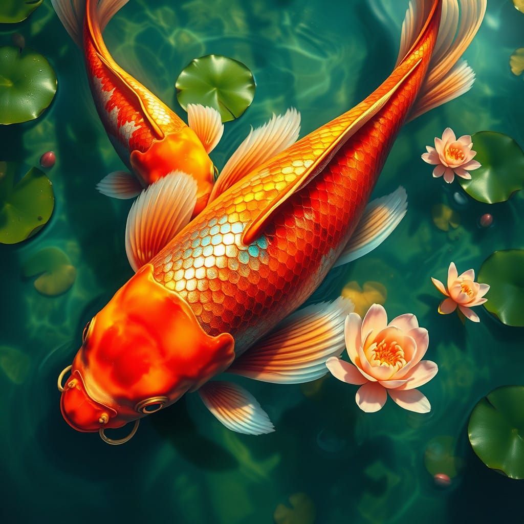 Vibrant Koi Fish in a Serene Crystal-Clear Pond Scene