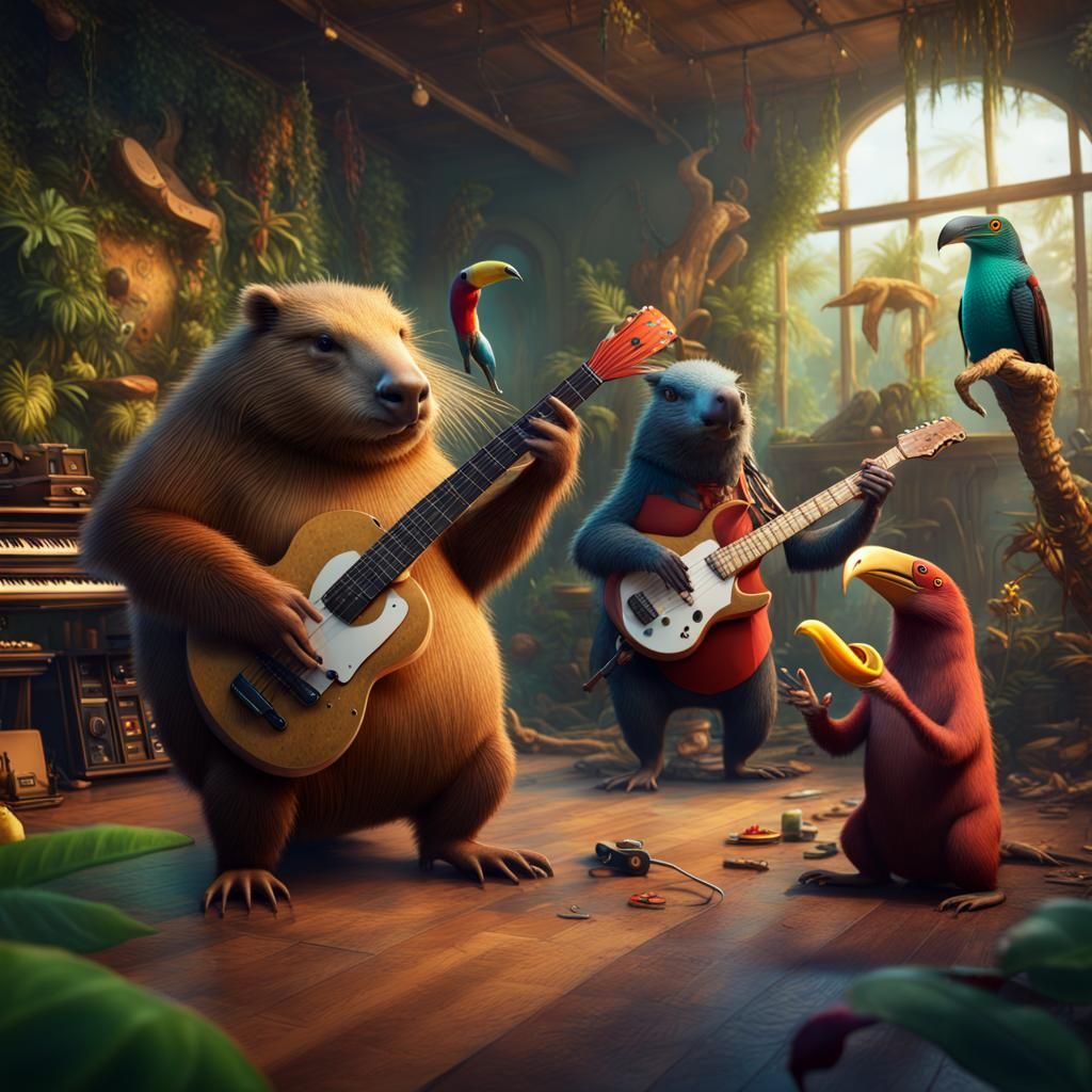 Animal Rock Band in Detailed Matte Painting Style