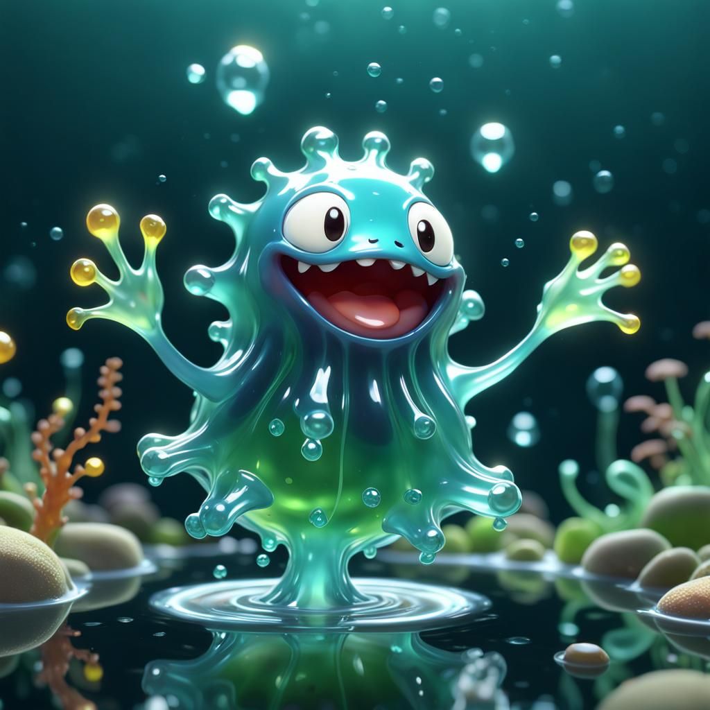 Adorable Chibi Amoeba Stretching in Translucent Water