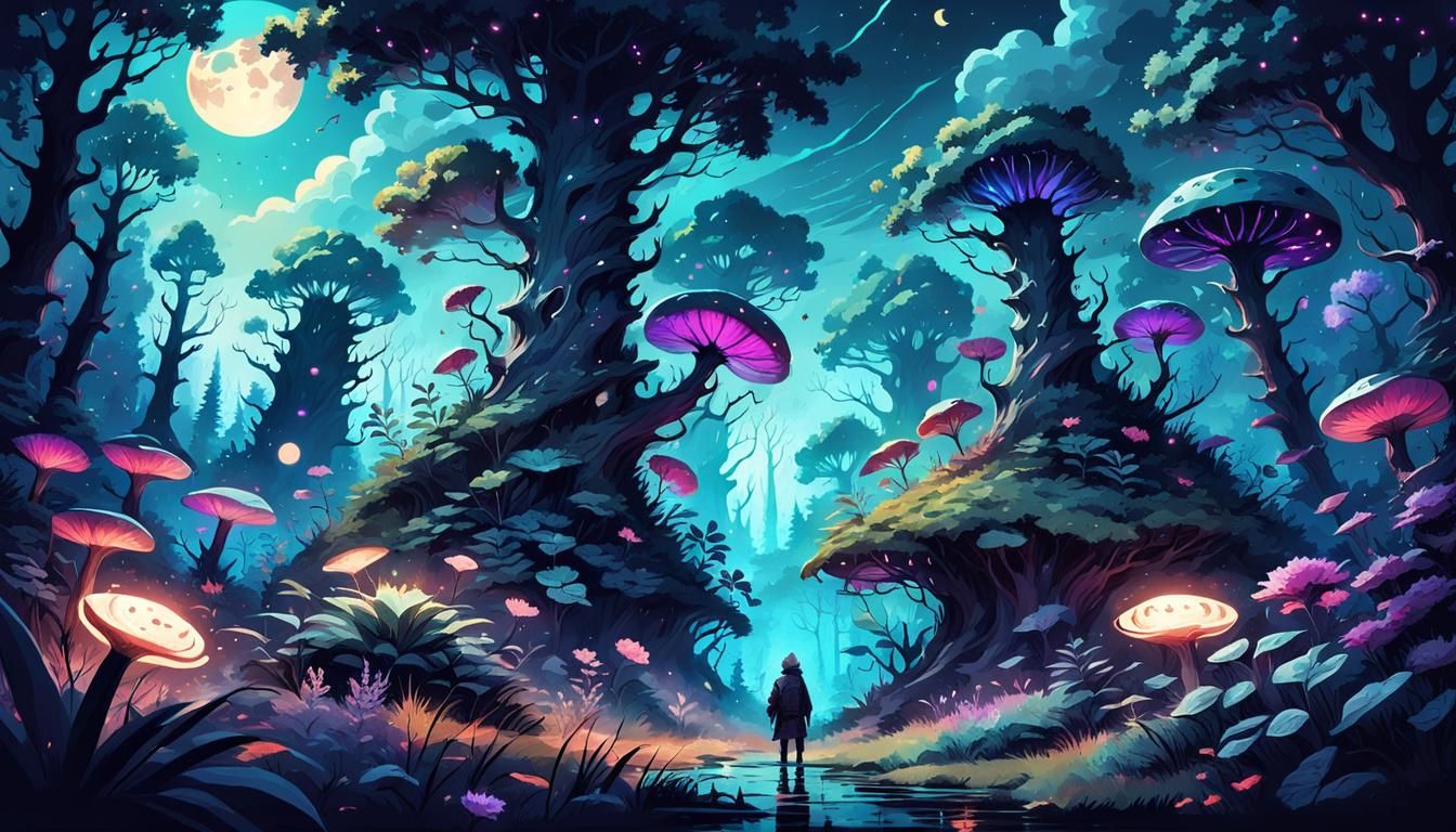 Magical Forest Landscape with Three Moons