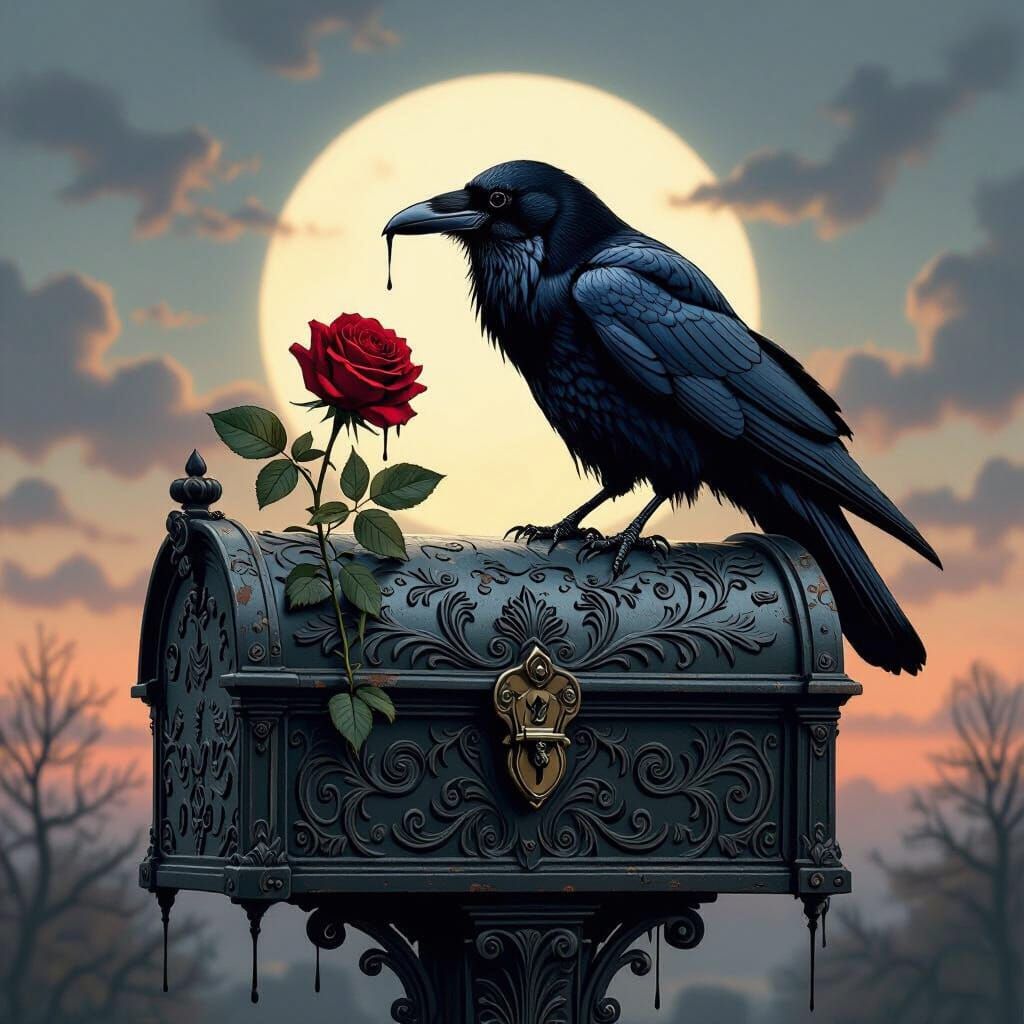 Raven Clutching Rose on Ornate Mailbox at Twilight