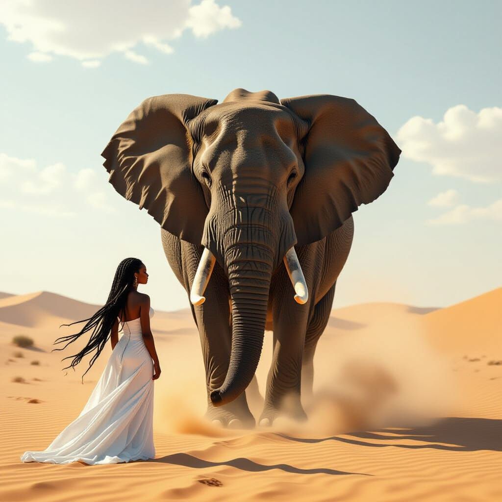 Hyperrealistic African Elephant & Woman in Desert Dust