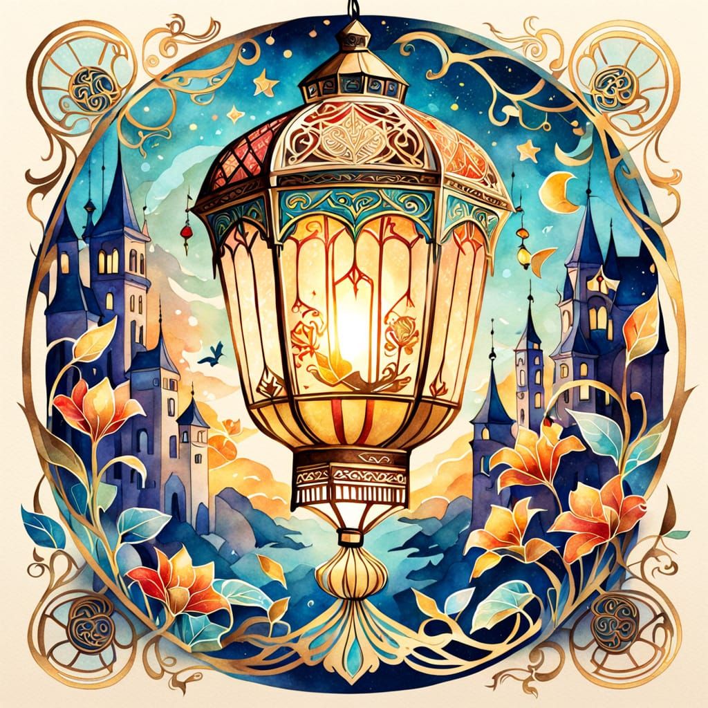 Fantasy Paper Lantern with French Symbols in Watercolor Styl...