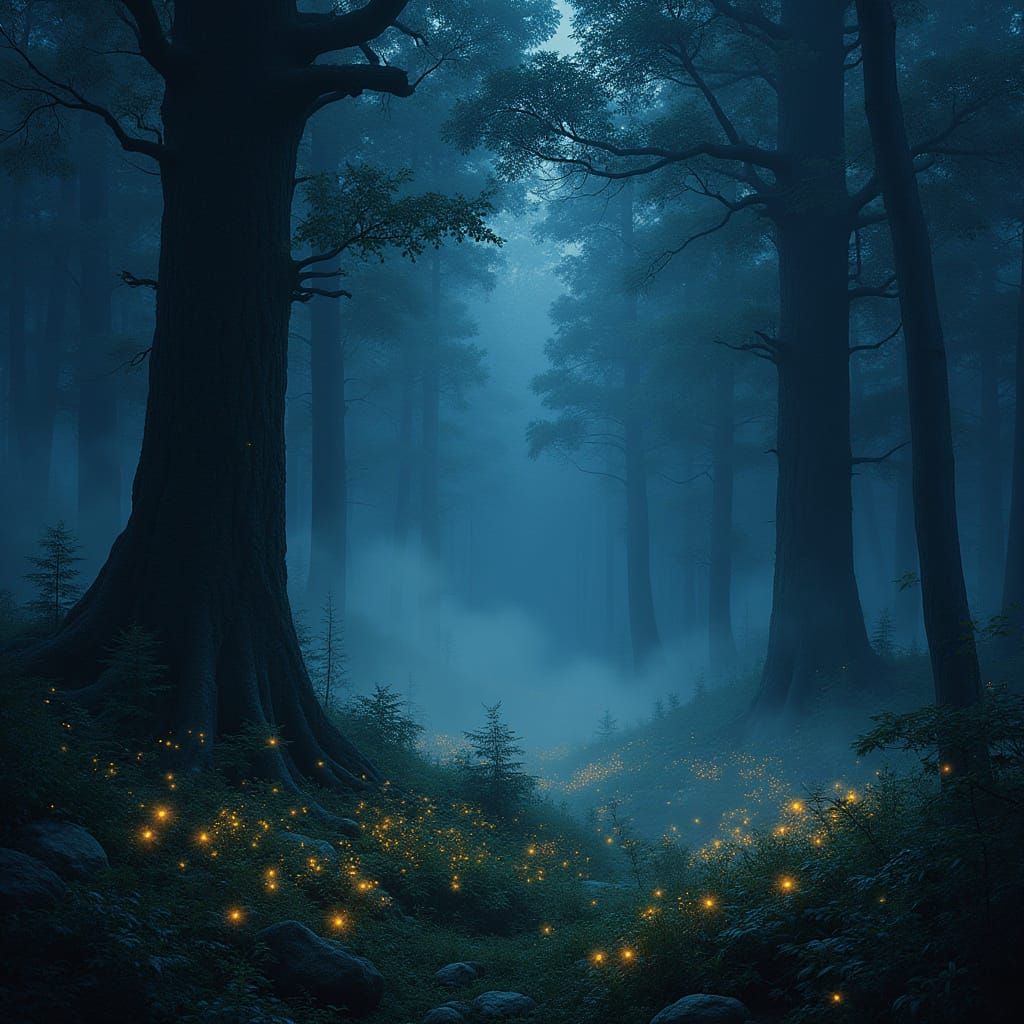 Bioluminescent Forest at Twilight in Hyperrealistic Style