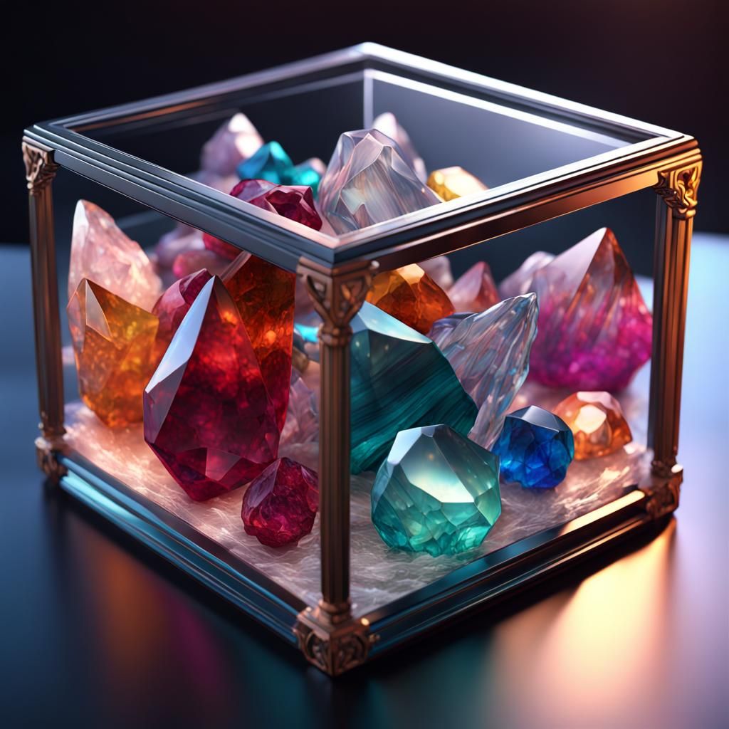 Glass box full of colourful crystals