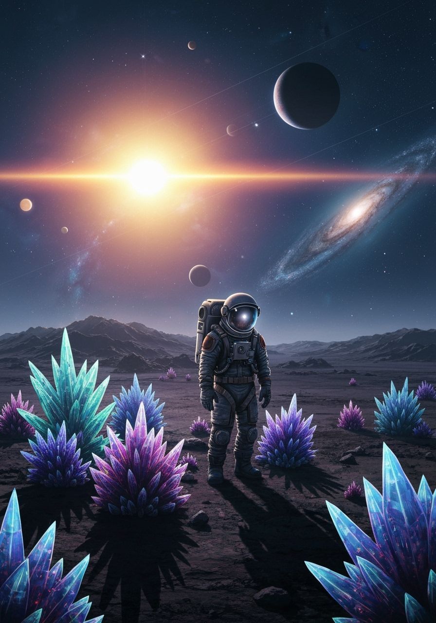 Astronaut Tends Alien Garden Under Twin Suns