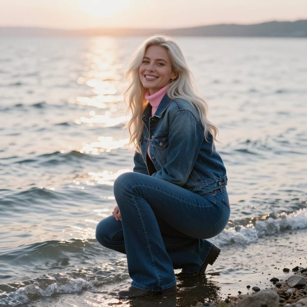 Woman Wades into Shimmering Lake at Sunrise