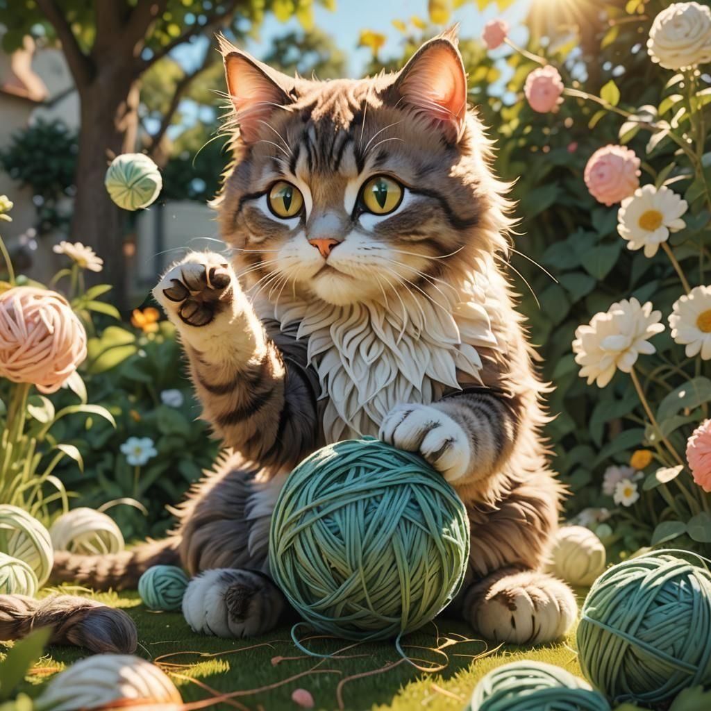 Cat Playing with Yarn: 3D Anime Art
