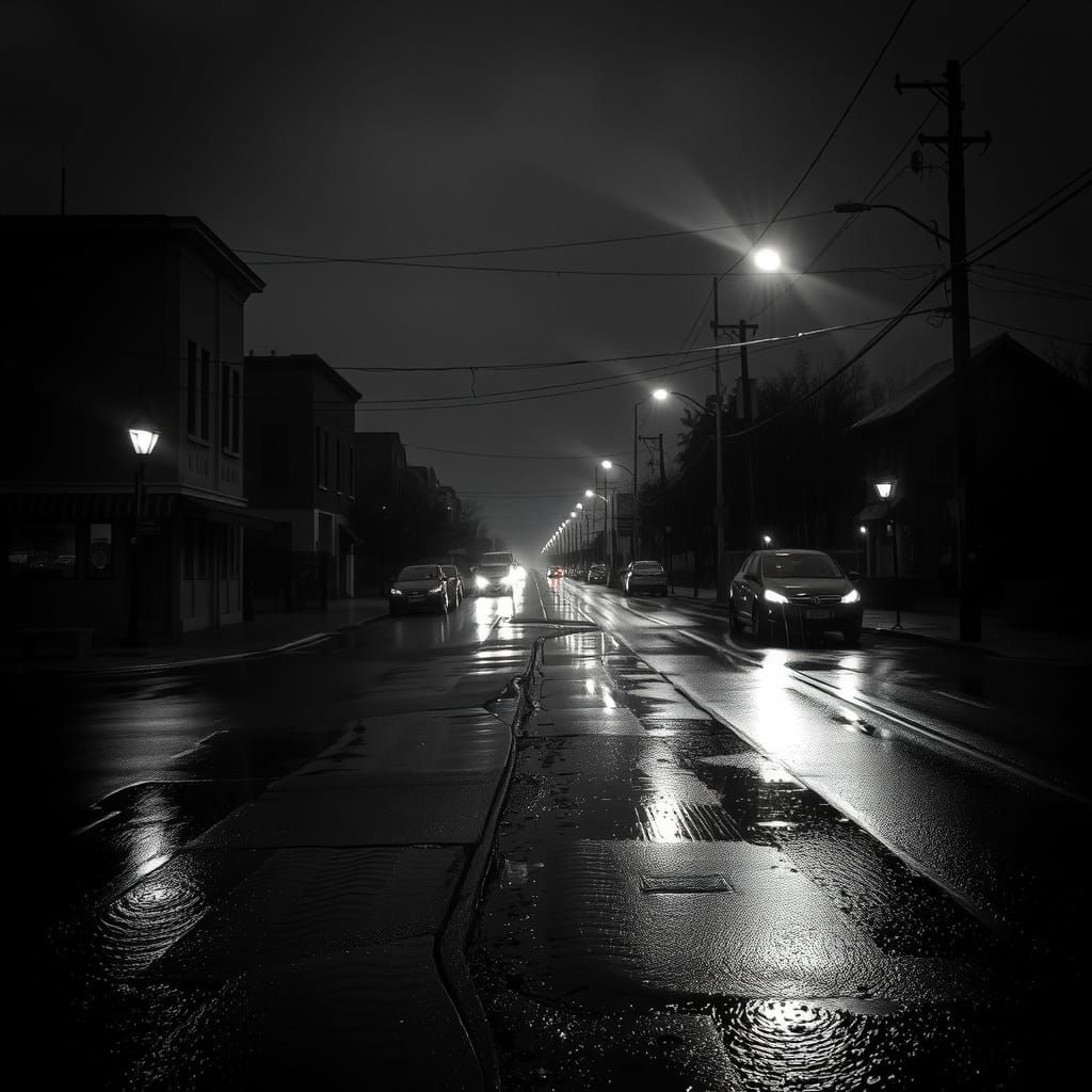 Moody Noir Street Scene in High-Contrast Black and White