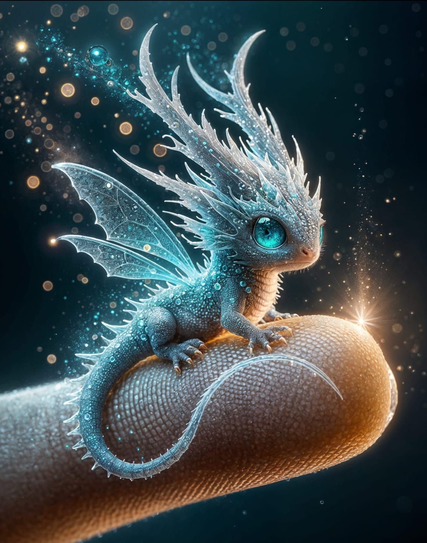 Tiny Mystical Dragon on Finger, Hyperrealistic Fantasy Art