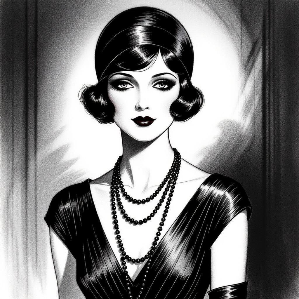 1920s Fashion Portrait: Elegant Woman in Charcoal Drawing
