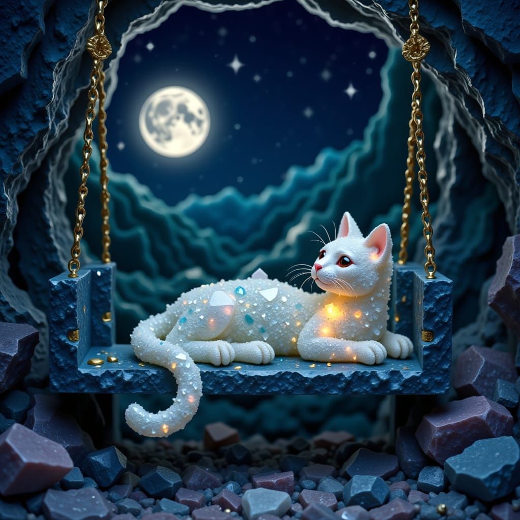 Crystal Cat Adorned Porch Swing Under Moonlight