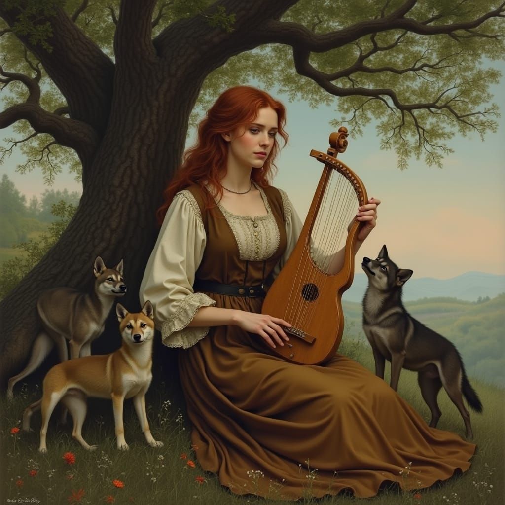 Redhead with Lyre and Wolves: Hyperrealistic Art