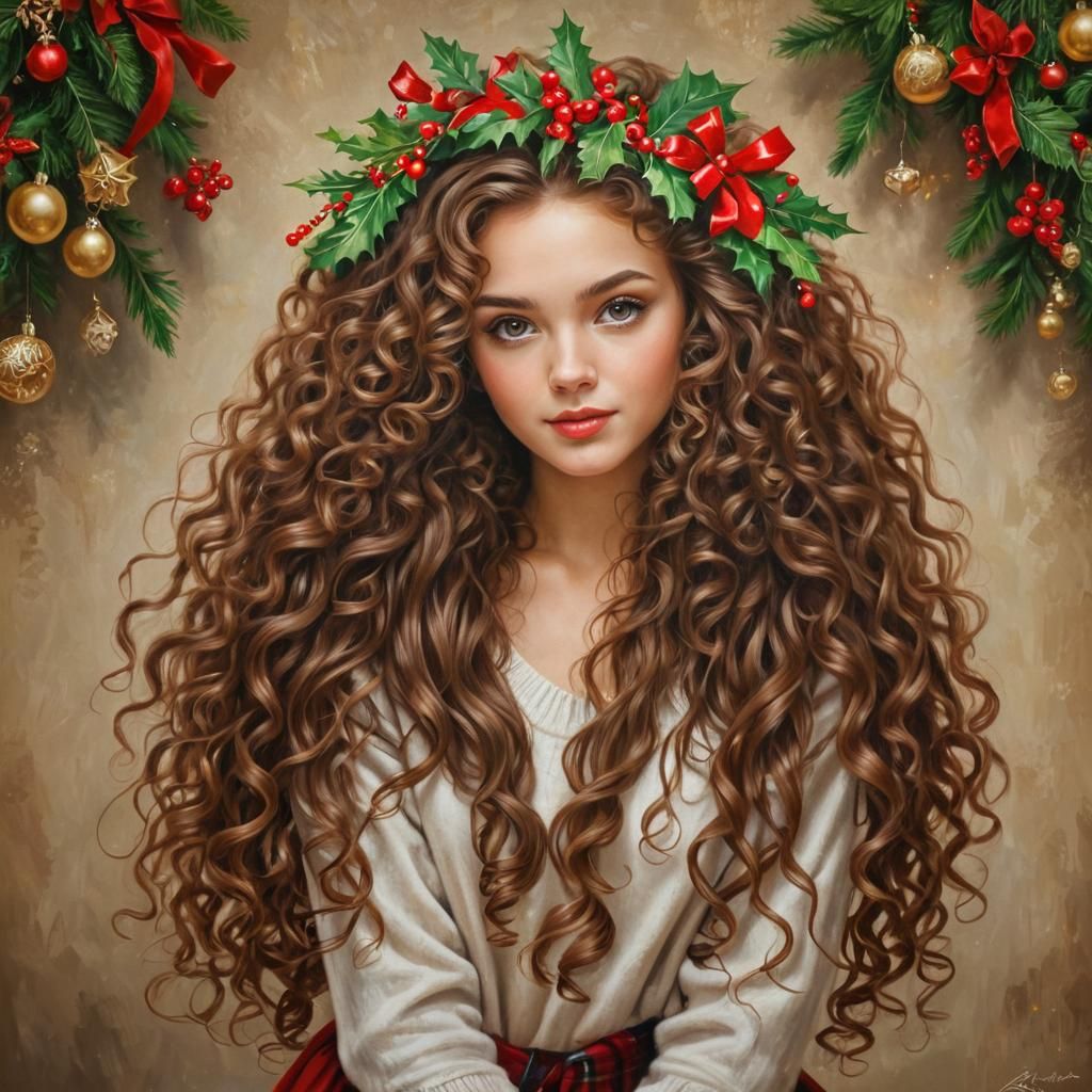 Cristmas style, 3D, soft oil painting airbrushing style, realistic Women Long brown curly hair, Christmas garlands, beau...