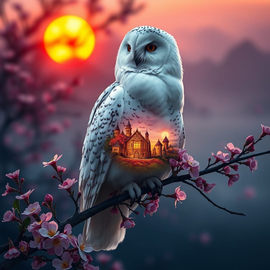Luminous Owl Reveals Fairytale Kingdom in Double Exposure
