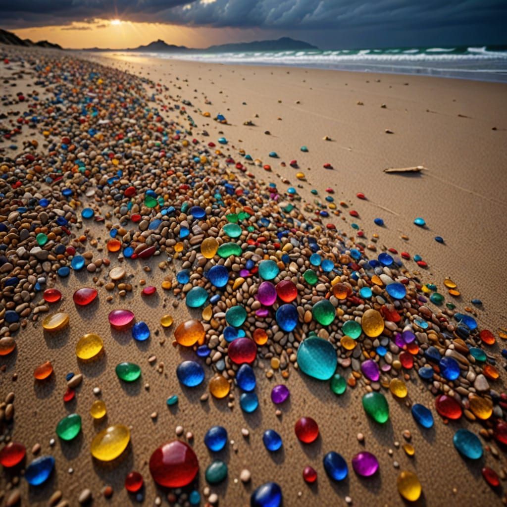 Rainbow Sand Grains on a Moody Beach Shore