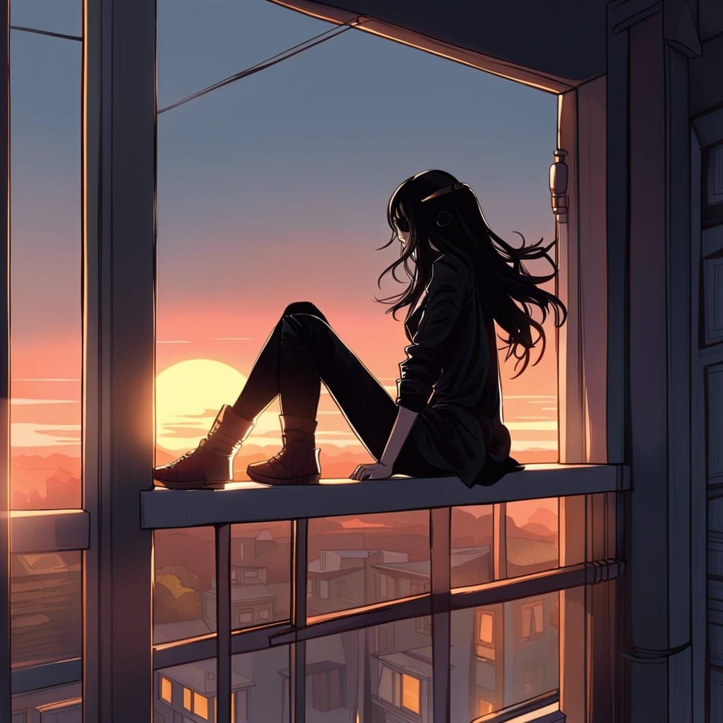 Anime Woman Watching Sunset on Balcony