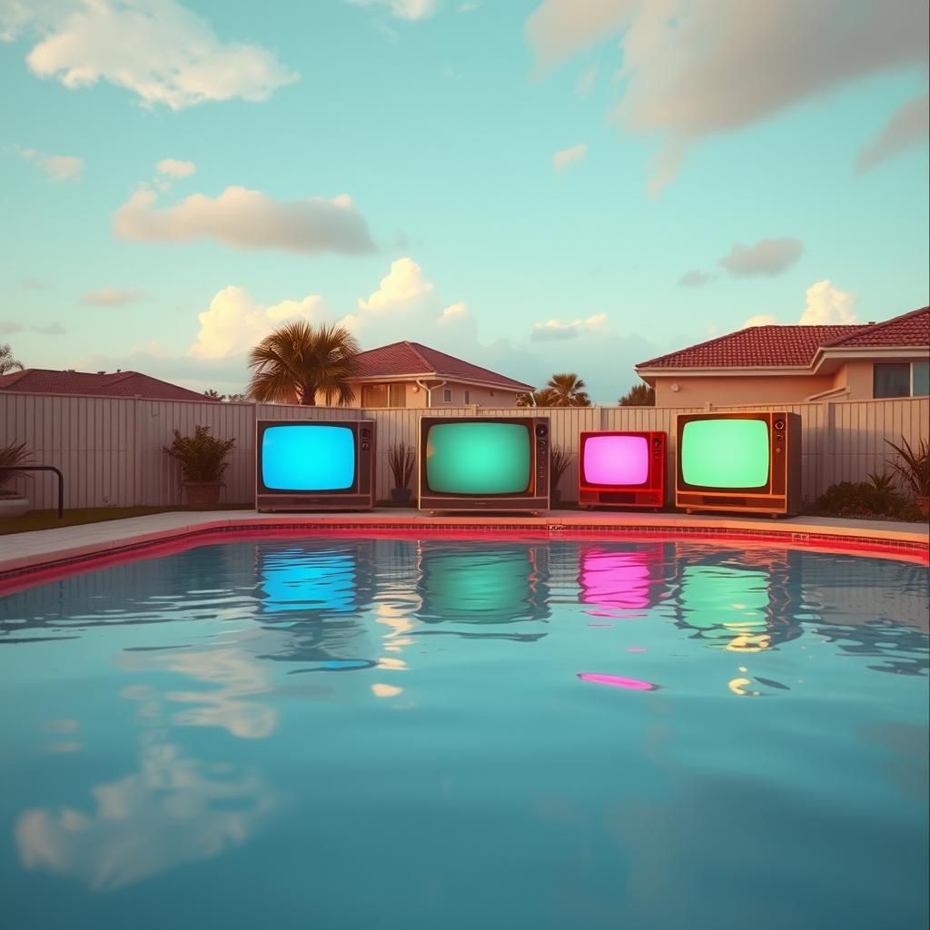 Vaporwave Dreamscape: Retro TVs in a Pool