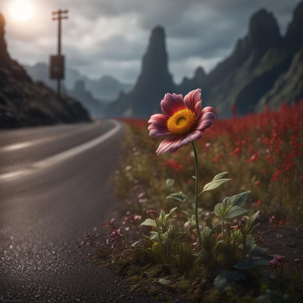 Detailed Matte Painting: Flower on Asphalt
