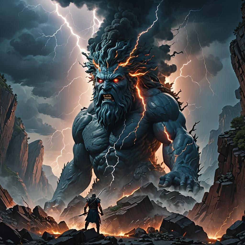 Zeus Battles Giants in Canyon: Epic Matte Painting