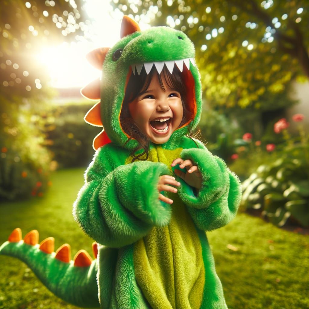 Joyful Child in Dinosaur Costume Playing