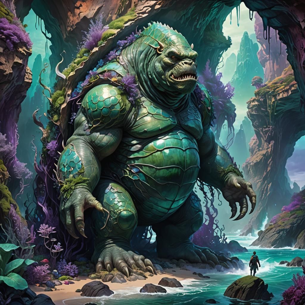 Mystical Creature Emerges from Iridescent Ocean Cave