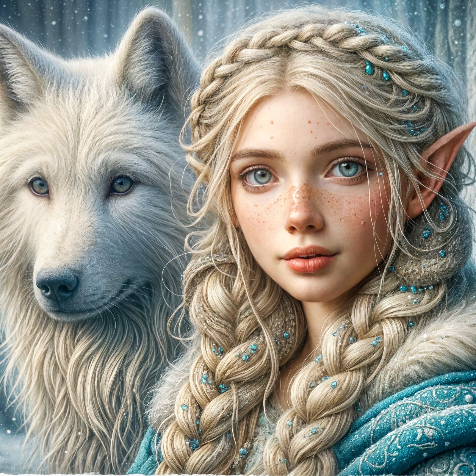 Elf Girl with White Wolf: Art Nouveau Oil Painting