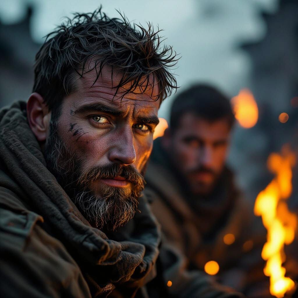 War-Torn Men in Firelight: Dramatic Cinematic Portrait