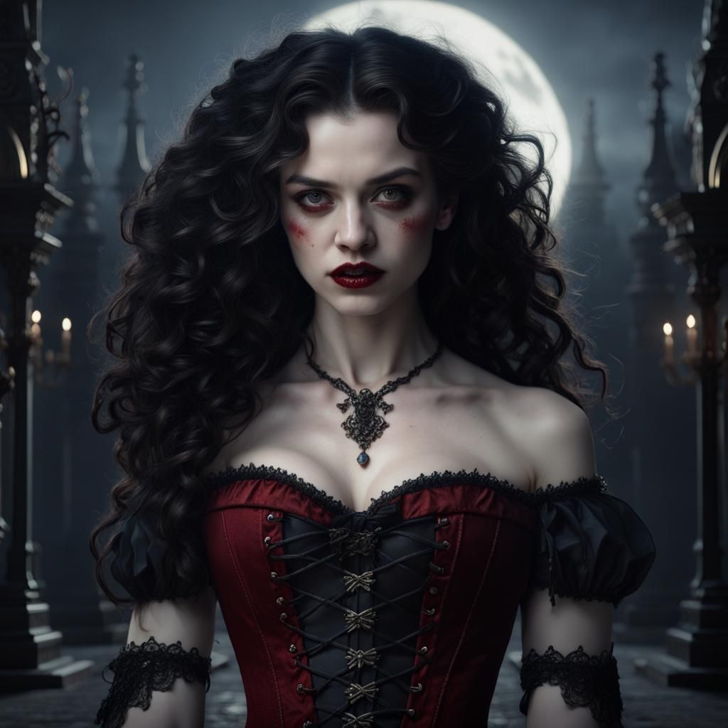 Victorian Gothic Vampire Woman with Bloody Fangs