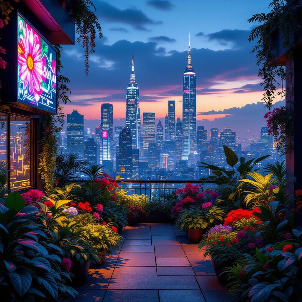 Twilight Rooftop Garden in Cyberpunk Cityscape