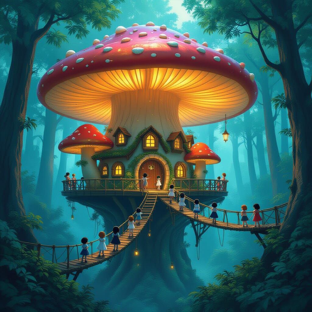 Bioluminescent Mushroom Forest Treehouse Village