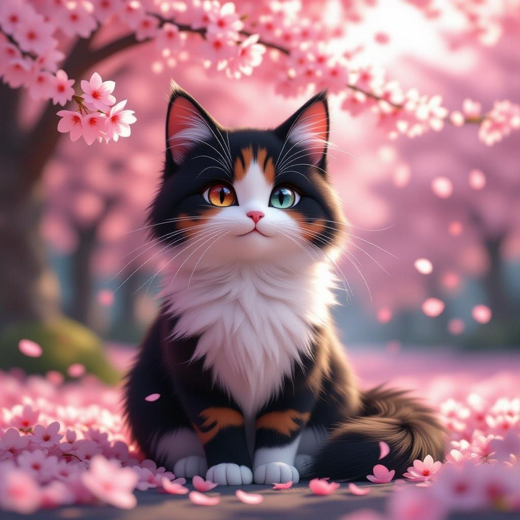 Fluffy Black and Red Cat Amidst Cherry Blossoms in 3D Anime ...