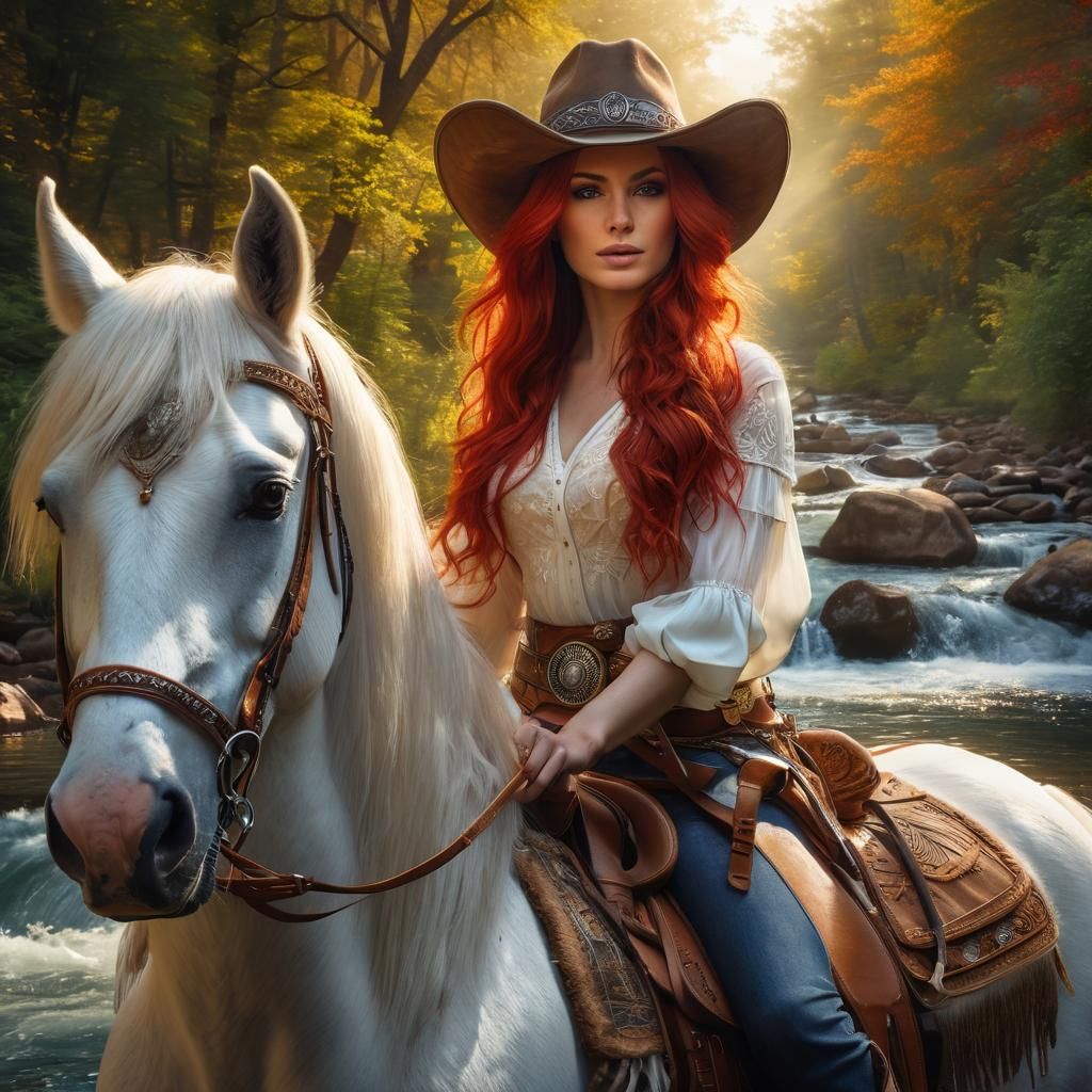 Cowgirl on White Horse by River in Sunlight