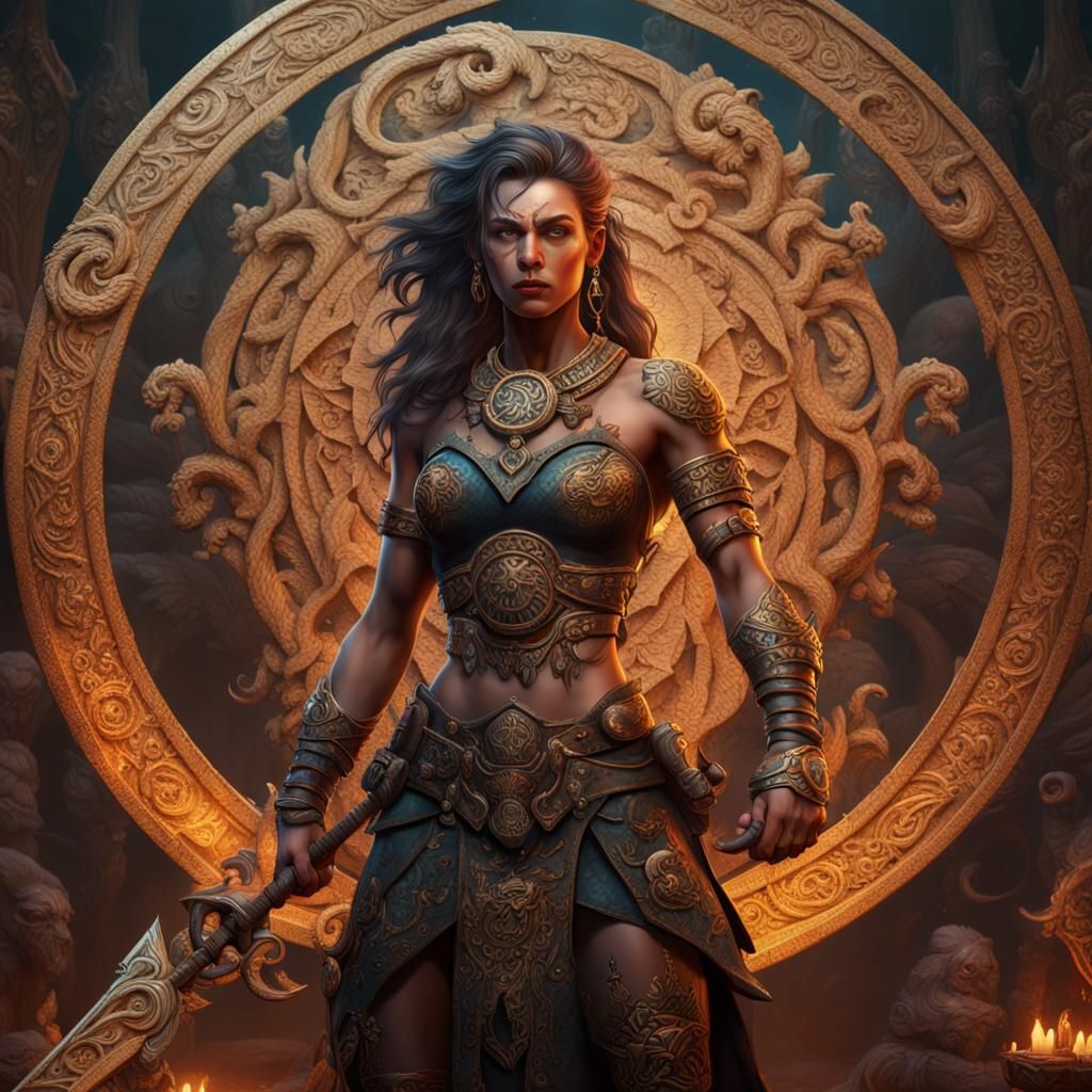 Barbarian Woman Warrior in Baroque Oil Painting
