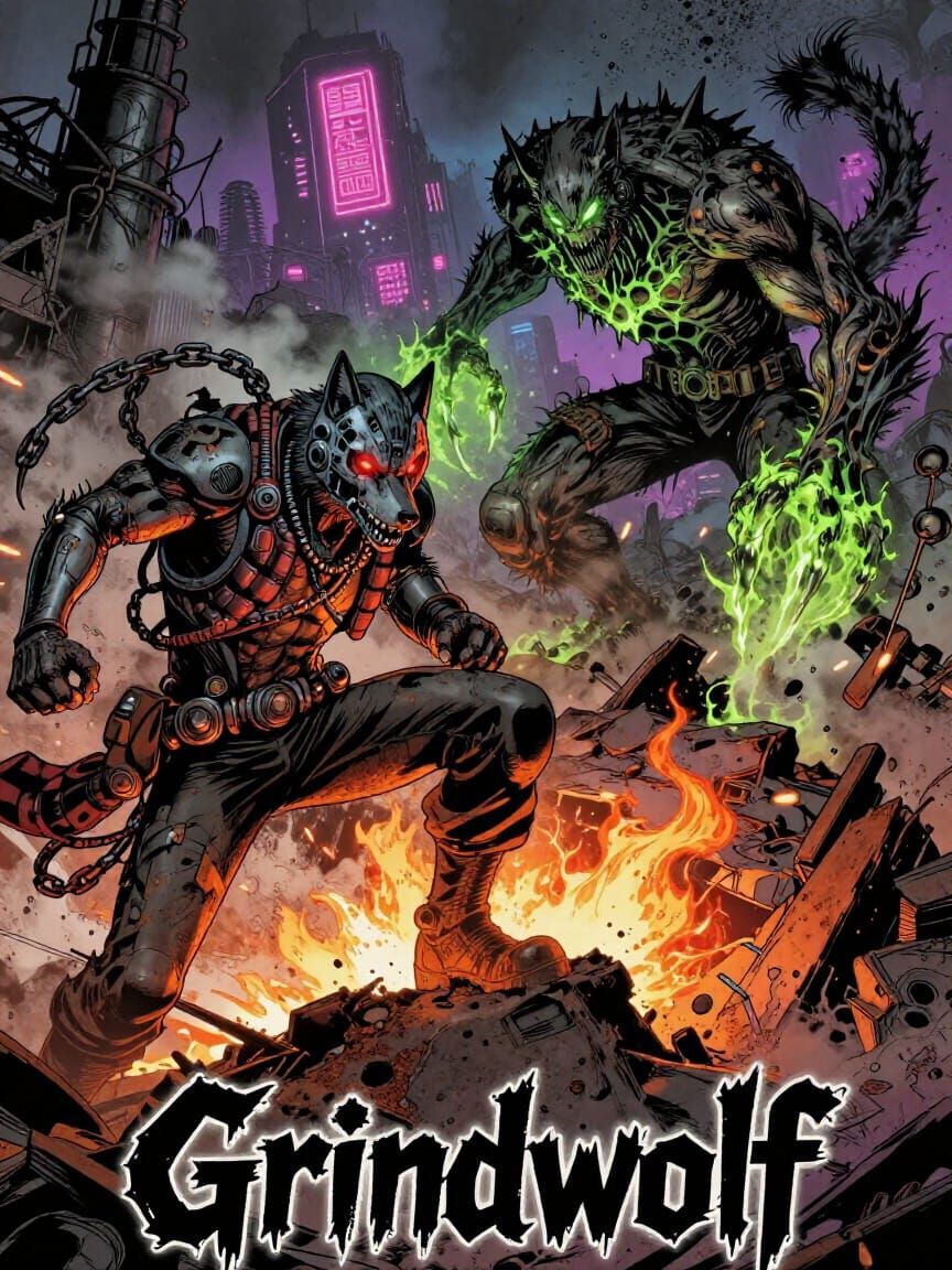 Grindwolf vs Blight Comic Cover in Gritty Post-Apocalyptic S...